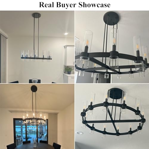 12 Light Black Round Chandelier 36'' Wagon Wheel Chandeliers for Dining Room Light Fixture Clear Glass Tube Chandelier Modern Farmhouse Chandeliers for Living Room Bedroom