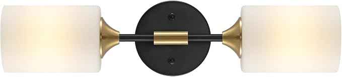 Industrial Mid Century Wall Sconce 2-Lights with White Cylinder Glass Shades Modern Bathroom Vanity Wall Lamp Matte Black and Gold Brushed Brass Finished Wall Light Fixture