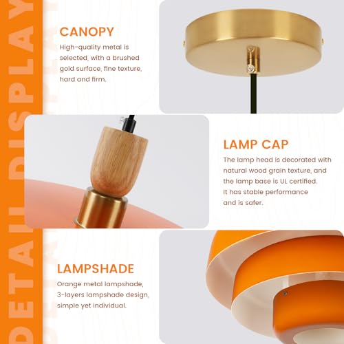 Orange Pendant Light with Wooden Dome