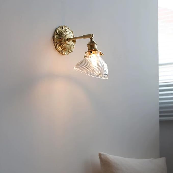 Elegant Brass Wall Sconce Modern Adjustable Home Decor Lighting Fixture with Striped Green/Clear Glass Shade, Japanese-Style Wabi Sabi Polished Brass Hardwired Sconces for Bedroom