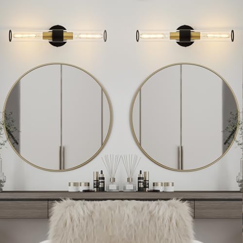 Hardwired Black Gold Vanity Light Clear Glass Wall Sconce