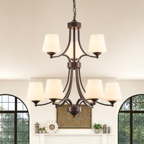 2 Tier Oil Rubbed Bronze Chandeliers 9 Light Large Modern Farmhouse Chandeliers for Dining Room Lights Fixture with Frosted Glass 47" Retro Chandeliers for Living Room Staircase