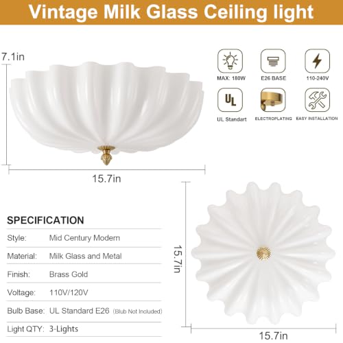 15.7in Milk Glass Ceiling Light Flush Mount Flower Shade 3 (Gold & Milk / 15.7in)