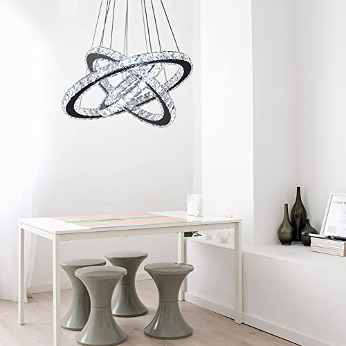 3 Ring Crystal Chandelier Adjustable LED Pendant Cool White