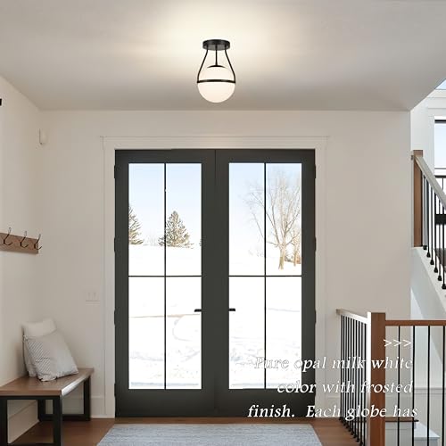 Globe Semi Flush Mount Ceiling Light Mid Century Modern 6" Globe Ceiling Light Fixture with Milk Glass Shade Black Finish for Living Room Hallway Kitchen Island Dining Room Laundry
