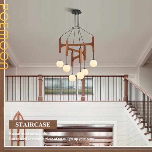 Farmhouse 6 Light Wooden Chandelier with Milk Glass Globe L28 Inch (6 Count)