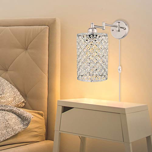 1 Light Wall Lamp Modern Style Metal Round lampshade Decorative Dimmable Crystal E26 Base Wall Lights Industrial Swing Arm Wall Sconce for Home Decor Plug