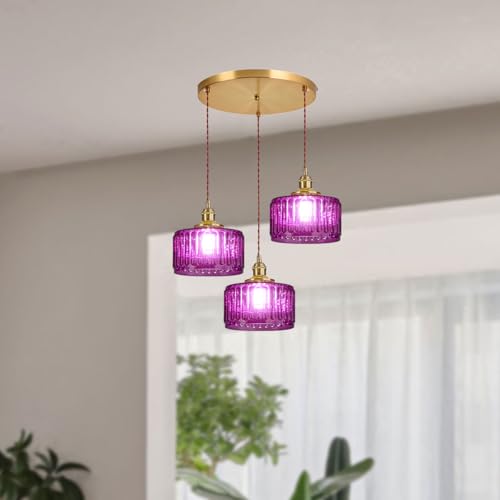 3 Light Glass Globe Chandelier Kitchen Island Mid Century Modern Ceiling Pendant Light Purple Striped Shade Gold Hanging Lights Fixture Multi Light Cluster Chandeliers Dining Room