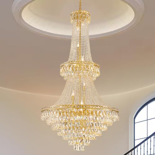 Large Gold Luxury Crystal Chandeliers 26 Lights Modern Chandelier for High Ceilings Crystal Pendant Light Fixture Foyer Staircase Hallway Entryway Banquet Hall Lobby 63" H x 30.7" D