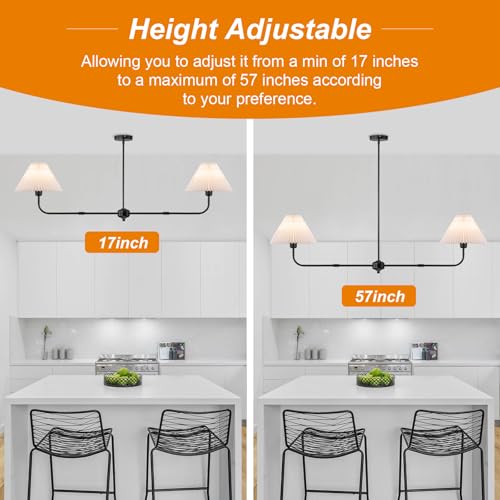 55" Black Modern Chandelier, 2-Light Linear Dining Room Light Fixture | White Fabric Shade, Classic Linear Lighting, Height Adjustable Lights for Living Room Bedroom