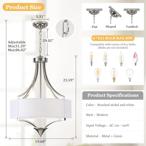 6-Light Brushed Nickel Chandelier 19.7" Modern Drum Chandeliers for Dining Room Light Fixture with White Fabric Shade Large Pendant Lighting for Kitchen Island Living Room Bedroom Foyer Over Table,E26