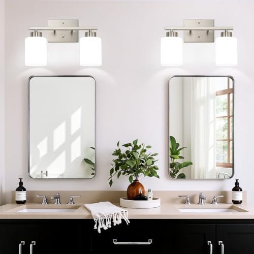 Brushed Nickel Bathroom Light Fixtures with Milk Glass Shades