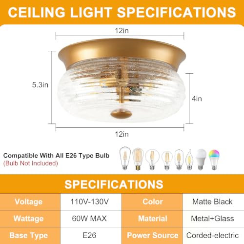 Gold Flush Mount Ceiling Light Fixtures (Gold + Clear Air Bubble Glass(No Assembly Required))