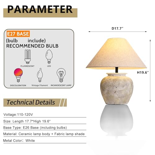 Farmhouse Table Lamp White Ceramic Lamps Rustic Clay Pot with Fabric Shade Decor for Living Room Bedroom House Bedside Nightstand Home Office