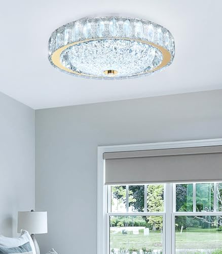 11.8" Modern Mini Crystal Chandelier Dimmable LED Flush Mount Ceiling Light with Remote Control for Bedroom Hallway Dining Room Gold