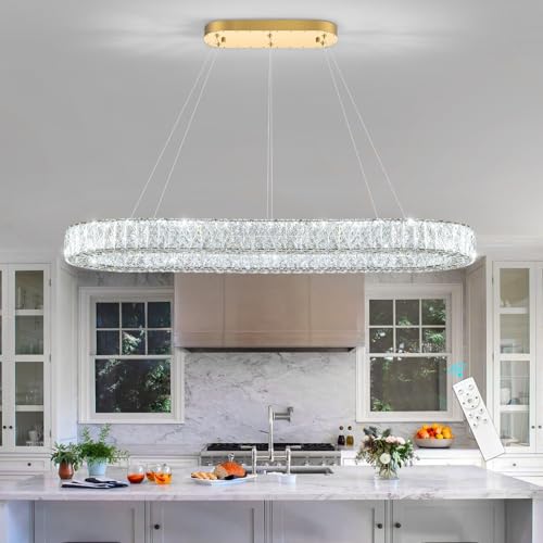 Modern Oval Crystal Chandelier for Dining Room Dimmable LED Chandeliers Rectangular Pendant Light Fixture with Remote for Living Room Kitchen Island Gold