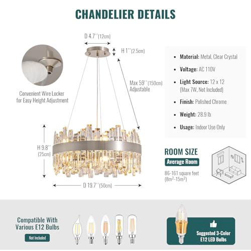12 Light Modern Crystal Chandelier Ceiling Light Chrome D19.7''