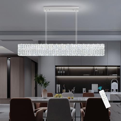 Rectangular Crystal Chandelier with Dimmable LED Lights Dining Room Remote Ceiling Pendants Lighting Fixtures for Kitchen Island Sliver