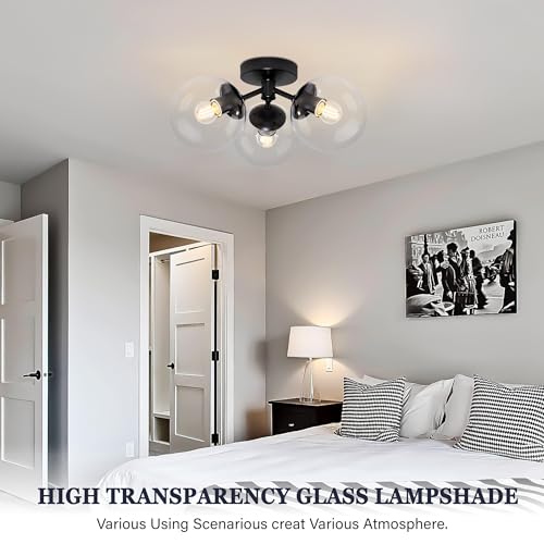 3 Light Modern Black Semi Flush Mount Ceiling Light Clear Glass Globe Ceiling Lights Mid Century Black Chandelier 3 Light Sputnik Ceilings Lights Fixture for Bedroom Hallway Entryway