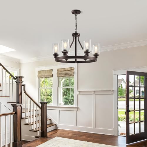 6 Light Farmhose Chandelier for Dining Room Light Fixture Oil Rubbed Bronze Kitchen Pendant Light Round Rustic Ceiling Hanging Lighting with Glass Globes Adjustable Height Metal E26