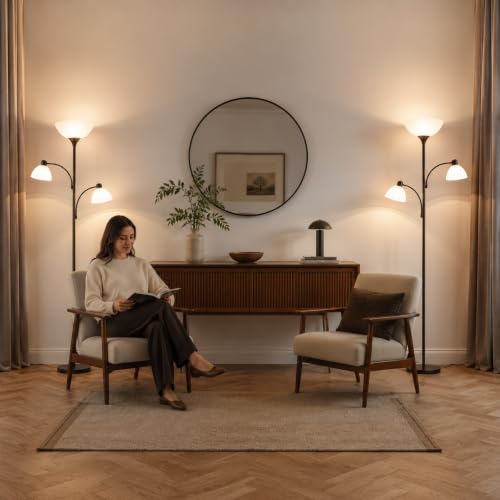 3 Head Torchiere Floor Lamps with 2 Reading Lamp for Living Room (Brown)