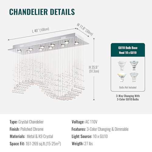 Modern Wave Crystal Chandelier for Dining Room 10 Lights Luxury Rectangular Flush Mount Crystal Ceiling Light for Living Room Kitchen Island Length 40 Inch