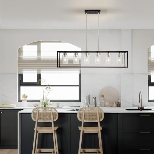 6 Lights Modern Dining Room Light Fixtures Over Table Black & Brushed Nickel Farmhouse Chandeliers Rectangular Pendent Lighting for Kitchen with Glass Shade Linear Hanging Industry Ceiling Light