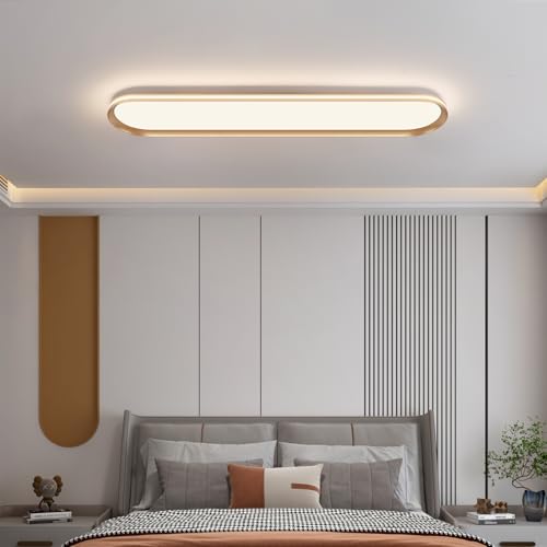 Modern LED Ceiling Light Dimmable Linear Ceiling Light 31in Semi Flush Mount Long Lights with Remote Control and Side Lighting for Living Room Kitchen Dining Room Gold