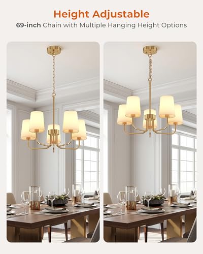 Chandeliers for Dining Room, 5-Light Gold Chandelier Light Fixture, E26 Base-Dining Room Light Fixtures Over Table with White Shade, Farmhouse Chandelier for Bedroom Living Room Foyer Entryway