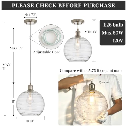 10” Globe Glass Pendant Light Kitchen Island Hanging Light Brushed Nickel