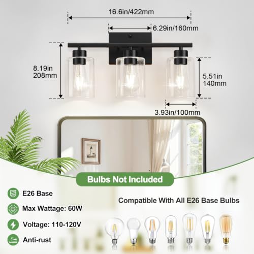 Black Bathroom Light Fixtures with Clear Glass Shades