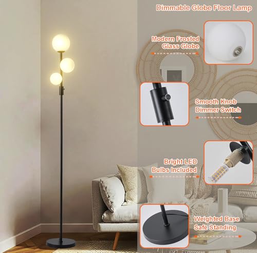 Upgraded Dimmable 3 Globe Mid Century Modern Floor Lamp