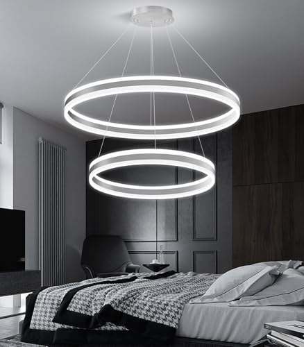D23.6''+31.5'' Modern Ring Chandelier for Dining Room LED Dimmable Pendant Lighting High Ceiling Chandelier for Living Room Foyer Bedroom Entryway 3000K