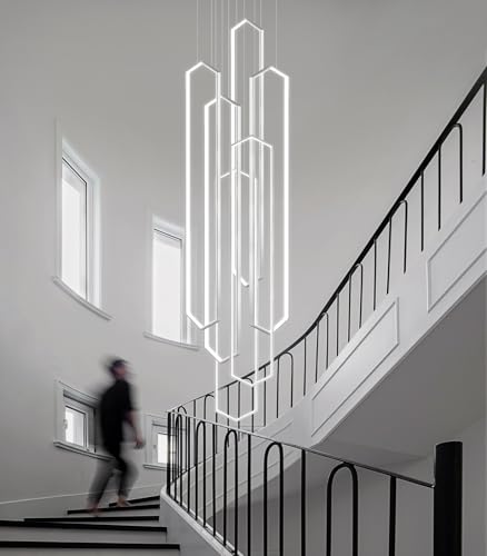 6 Rings Silver Modern Long Large Chandelier Dimmable LED High Ceiling Chandelier for Living Room Foyer Staircase Enterway Hanging Light Fixture Modern Ceiling Light