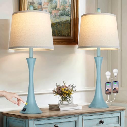 Blue Metal Table Lamp Set of 2 with USB C+A Ports (2 Count)