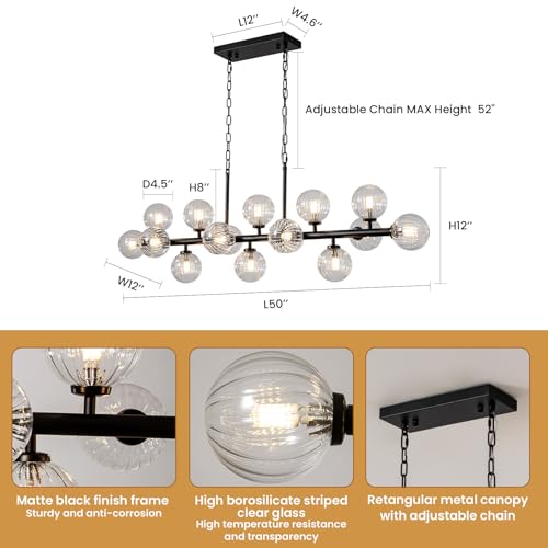 Black Rectangle Chandelier Modern Chandelier Glass Pendant Light Fixture Adjustable for Dining Living Room Kitchen Island 16 (16 Count)