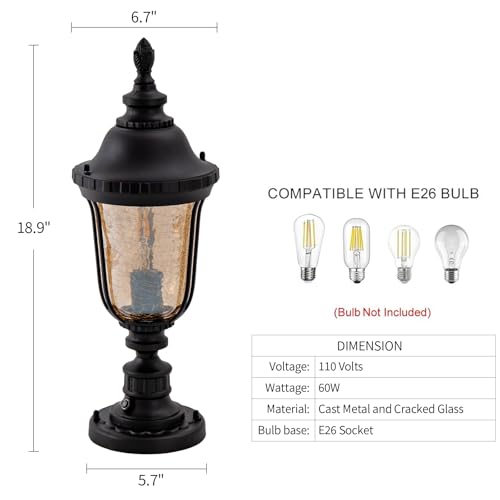 Dusk to Dawn Outdoor Post Light 19" Retro Exterior Lamp with Pier Mount Base Waterproof Fence Lighting for Yard