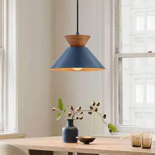 10 Inch Modern Pendant Light Fixture Farmhouse Solid Wood Hanging Lamp with Navy Blue Metal Shade & Gold Inner Finish Adjustable Pendant Light for Kitchen Island Dining Room Bedroom Modern Blue