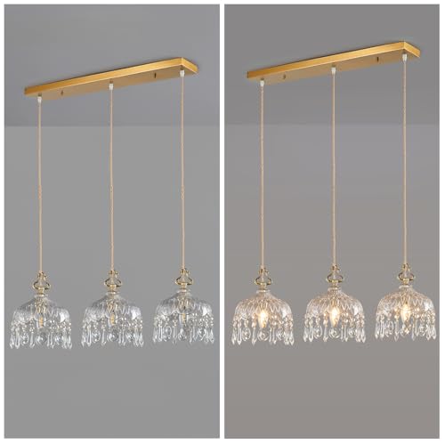 3 Light Pendant Light Fixtures Brass Vintage Glass Pendant Lights Crystal Hanging Light Fixtures (3 Count)