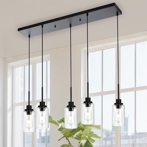 5 Light Black Pendant Lights for Kitchen Island with Clear Glass