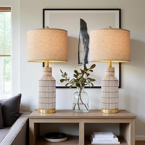 25" Modern 3 Way Dimmable Touch Control with USB A+C Ceramic Lamps Set of 2 Table Lamp for Living Room Bedroom Farmhouse Nightstand Bedside Brown (2 Count)