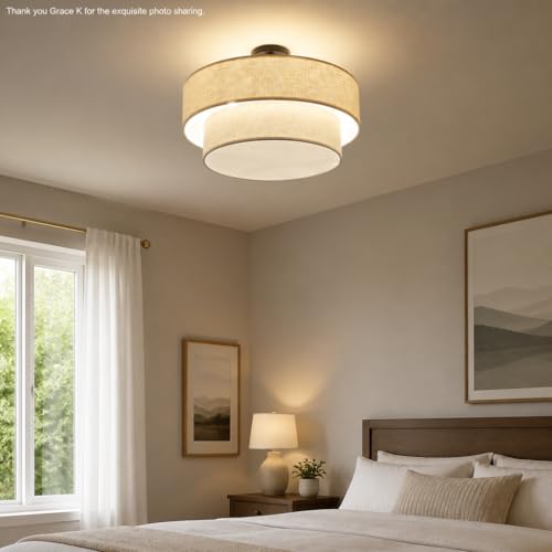 6 Light 26" Cream Fabric Gold Semi Flush Mount Close to Ceiling Light Fixture