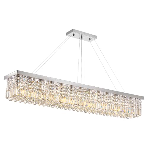 Rectangle K9 Crystal Chandelier Modern Rectangular Pendant Light Fixture for Dining Room Kitchen Island Chrome L59'' x W10'' x H9''