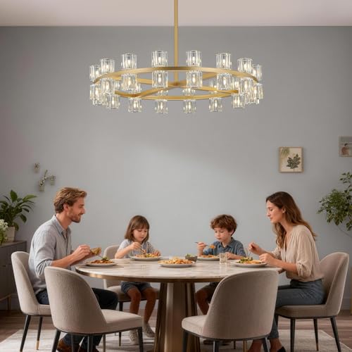 32 Lights Dia 33" Gold Crystal Chandeliers for Dining Room Light Fixture