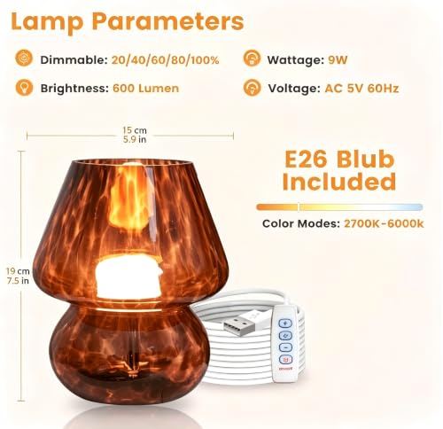 USB Plug in Vintage Mushroom Lamp Small Bedside Table Lamp with 3 Temperature LED Bulb