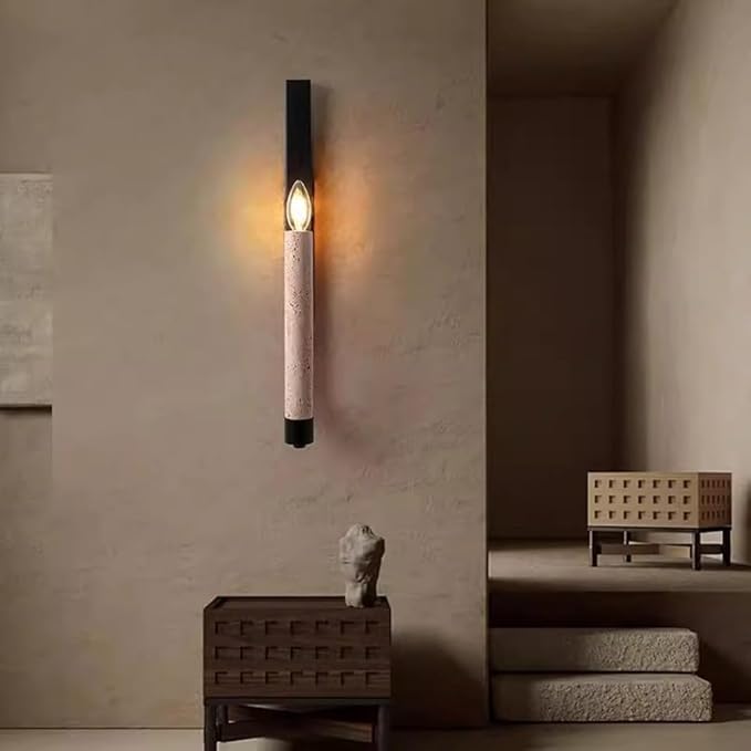 Natural Marble Wall Sconces, Japanese Style Wabi-Sabi Art Lighting Fixture, Yellow Travertine Wall Lamp, Linear Candle Wall Sconce E14 Base Hardwired Wall Light for Bedroom Living Room