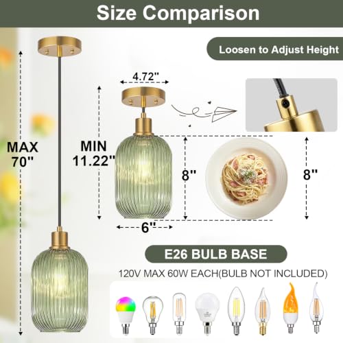 2 Pack Pendant Lights with Vintage Green Ribbed Glass Lampshade (2 Count)