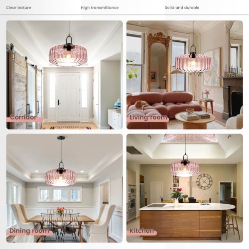 Large Glass Pendant Light Ribbed Pink Ceiling Hanging Light Fixture