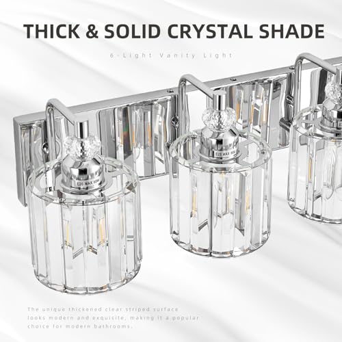 6 Light Modern Bathroom Light Fixture Chrome Bathroom Vanity Lights Over Mirror Wall Sconce Lighting with K9 Crystal Shades E26 Base for Bedroom