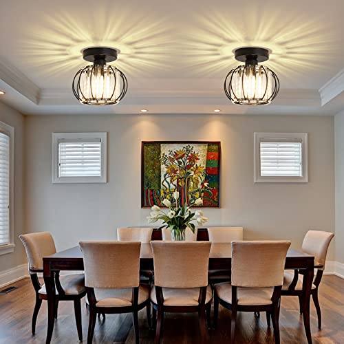 2 Pack Semi Flush Mount Ceiling Light Fixture Modern Small Crystal Chandelier Mini Indoor Ceiling Lamp for Bathroom Hallway Foyer Porch Hall Closet(Black) (2 Count)
